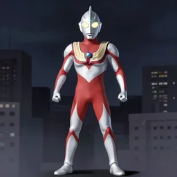 a full body shot of Ultraman(2019) by Brahm Revel,colored by Ronda Pattison,white skeleton face,city in the background,dark colors,detailed,artstation