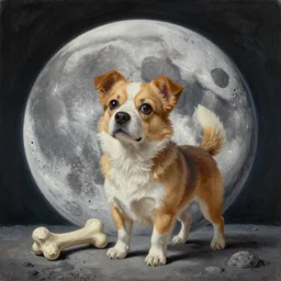 oil painting of a cute surrealistic dog with a bone on the moon, extremely detailed, sharp focus, wide view, full body shot, smooth, digital illustration, m, james jean, by rossdraws, frank franzzeta, mcbess, sakimichan, brosmin, danton fadeev, steve simpson