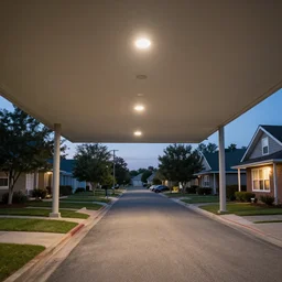 a suburban street with a ceiling, ceiling lights, artificially lit