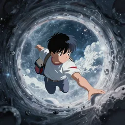 boy floating through space reaching into an interdimensional wormhole from the film akira