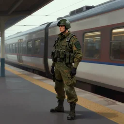 a solider waiting for a train at a train station, cyberpunk art by tomer hanuka, cgsociety, photorealism, matte drawing, digital illustration, digital painting