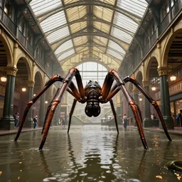 giant spider looming over flooded victorian market, giant archways, by peter mohrbacher dan mumford craig mullins nekro, cgsociety, pixiv, volumetric light, 3 d render