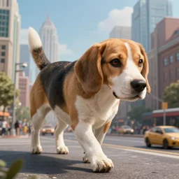 gigantic 1 0 0 metres beagle walking over a city, epic cinematic, 4 k, very high detail, epic scale