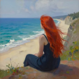 a girl with long flowing auburn hair sitting on a cliff overlooking a beach. vivid colors, soft lighting, atmospheric, cinematic, moody, in the style of ilya kuvshinov and range murata, krenz cushart, rule of thirds, oil on canvas, 8 k.