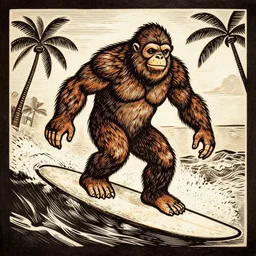 a detailed woodcut of Sasquatch surfing in Hawaii