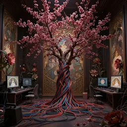dark cherry blossom and wires in a floral room full of neural networks and wires and computers, dark sci - fi, ai, 4 k realistic, art nouveau, alphonse mucha