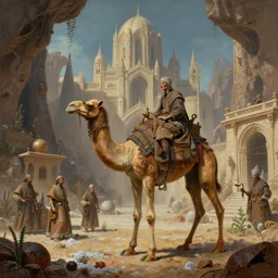 bipedal humanoid dromedary as village merchants, temple city, caves of qud, matte oil painting, cathedral, retrofuturistic, concept art, science fantasy, post - apocalyptic, mutant, rpg, epic, rust, salt, plants, dungeons & dragons, toxic, sharp focus, award - winning, extremely detailed, 4 k, 8 k
