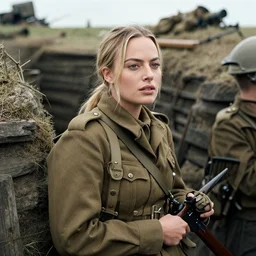 Margot robbie as a soldier, ww1 trench, war photo, film grain
