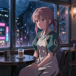 beautiful anime painting of violet evergarden sitting in a cafe next to a window on a rainy night, outside are neon lights from a dense city, by makoto shinkai, kimi no na wa, artstation, atmospheric, high detail
