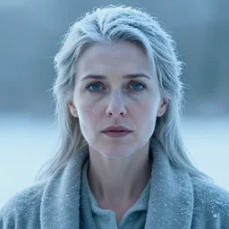 a cinematic headshot portrait of a frozen middle aged woman stood in a field, field on fire, ultra realistic, depth, beautiful lighting, by annie leibovitz