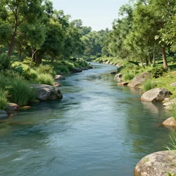 a river surrounded by trees and rocks, a digital rendering, cg society, environmental art, 1 9 7 0 s