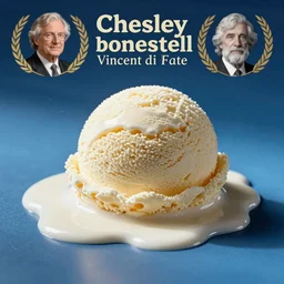 a melting scoop of vanilla ice cream, on a blue background, chesley bonestell, vincent di fate
