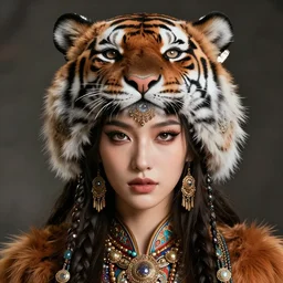 portrait of siberian princess, tiger hat, intricate, sharp focus, octane render, realistic, detailed, beautiful, unreal engine, symmetrical!!, maybelline, sephora, loreal, artstation, art by artgerm, rossdraws, art by karol bak, makeup by pat mcgrath, cinematic, concept art, filmic, vsco