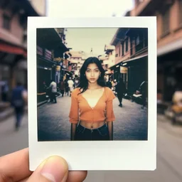 3 5 mm vintage polaroid picture of a nepali girl in the street of kathmandu, posing for playboy photoshoot