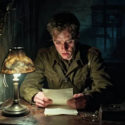 real life full portrait art by beksinski, artgerm ; matt damon as an american world war 2 sergeant delirious while writing letter creepy table lamp, all alone at night, haunted cabin, year 1 9 4 2, scary, horror comics style bernie wrightson, 8 k hdr resolution, creepy hdr dramatic lighting, extremely detailed