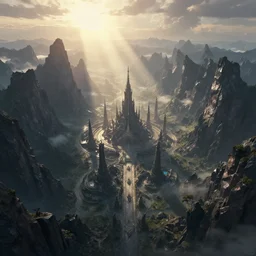 eerie but beautiful dream city unknown Kadath lay between tall obsidian dark mountains, basked in the light of the morning sun, bird's eye view, extremely detailed, by Craig Mullins, rays of god