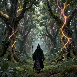 a gothic wizard of old walking through an open field with his staff in a beautiful forest of ancient neurons with yellow and pink glowing synapses running through the forest, light creeps through the dense jungle, huge incredibly immense trees, highly detailed, hyperrealism, trending on art station, ancient forest like fanal forest or fangorn forest, misty forest, realistic painting, sharp image, hyper realistic art, highly detailed leaves, cinematic, art by konstantin razumov, chiaroscuro