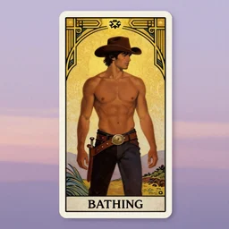 a beautiful tarot! painting of a handsome shirtless cowboy in front of a pale lavender sunrise, homoerotic, dawn, predawn, golden light, art deco!, art nouveau, silhouette, trending on artstation