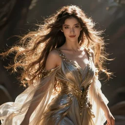 portrait of a female elven wizard in flowing sensual dress, long flowing hair, delicate, looking at camera, slightly smiling, real face, stylish, elegant, extremely detailed painting inspired by Gerald Brom, epic lighting