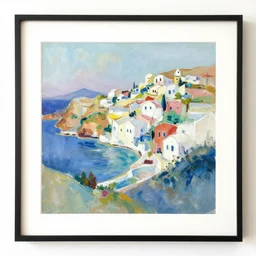 art print, abstract gouache painting, pastel colours, seaside greek town on a hill, by gary hume, stanisław szukalski, society 6