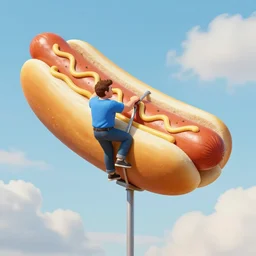 michael scott climbing a giant!! hotdog on the background of a light blue sky filled with fluffy clouds, hyperrealistic airbrushed color stock photo