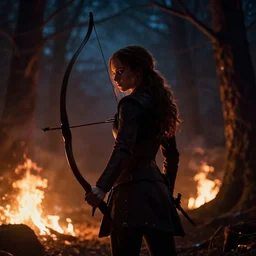 katniss everdeen holding a bow and arrow silhouetted in a forrest that is on fire at nighttime in the art style of alan lee, 8 k, uhd