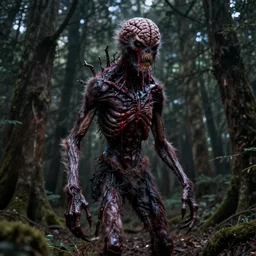 photorealistic ultra detailed tall skinny humanoid creature with fur and blood dripping and brain out, the woods, night, extremly detailed, 8 k, realistic, sharp focus, cosmic horror creature, cosmic horror, from the movie the thing, mysterious creature