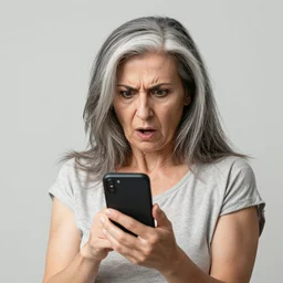 astonished and angry middle aged lady looking at smartphone, wild hair, greek ethnicity, straight grey hair, angry eyes,