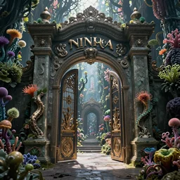 The gate to the eternal kingdom of algae, fantasy, digital art, HD, detailed.