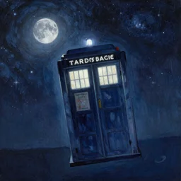 A beautiful painting of TARDIS flying in night in. milky way with one moon and star light by Ivan Konstantinovich Aivazovsky