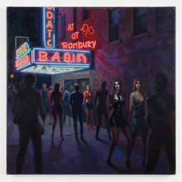 Nightmare at the Roxbury. Oil on canvas. The painting depicts a scene of debauchery outside the nightclub. Late night. Neon signage is prominent.