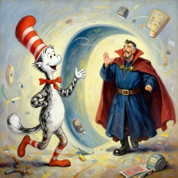 a beautiful painting of the third first image on the scattered absurdity server, dr seuss, and dr strange, very pretty, portal hopping and time warping with wild reckless abandonmade, highly detailed painting by gaston bussiere, craig mullins, j. c. leyendecker