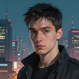 a close up of a person with a city in the background, cyberpunk art by Ilya Kuvshinov, cgsociety, photorealism, ilya kuvshinov, cityscape, digital painting