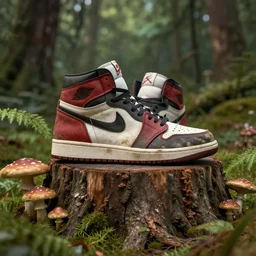a dirty nike air jordan sitting on a tree stump covered in mushrooms and forest foliage, 3 d model, octane render, hyper detailed, 4 k,