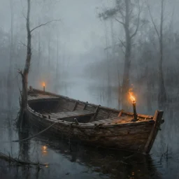 masterpiece painting of swamp with wooden ship carcasses, foggy, torchlight, by greg rutkowski and noah bradley, trending on artstation