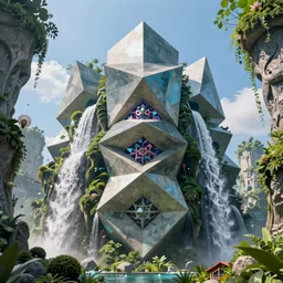 angular building by escher and mandelbrot, ricardo bofill. utopian landscape by roger dean. magical realism, surrealism, waterfalls, trending on artstation, shot from below,