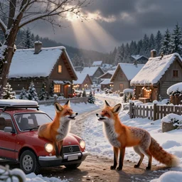 fox animals singing christmas carols in a quaint village