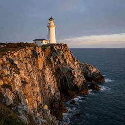 award winning landscape photography, lighthouse at end on peninsulaoon rugged cliff, evening light