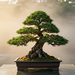 photo bonsai cedar on a cnn emerald in the water, gold hour, soft lighting, light fog, medium full shot, volumetric lighting, beautiful, ultra detailed, cgsociety by leesha hannigan, thierry doizon, 3 5 mm, fujifilm, cinematic, realistic