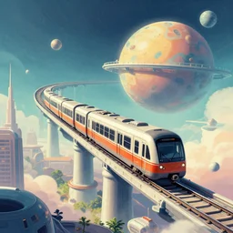A beautiful illustration of a retro futurism elevated railway on another world by Daniel merriam | sparth:.2 | Time white:.3 | Rodney Matthews:.5 | Graphic Novel, Visual Novel, Colored Pencil, Comic Book:.2 | unreal engine:.3
