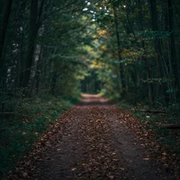 a forrest path, moody, cinematic colors, bokeh