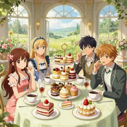 cake afternoon tea in fairy tale, extremely detailed, sharp focus, wide view, full body shot, smooth, digital illustration, by james jean, by rossdraws, frank franzzeta, mcbess, sakimichan, brosmin, danton fadeev, steve simpson