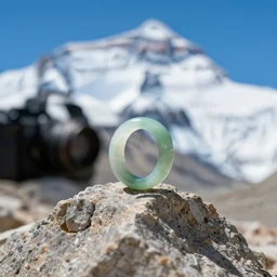 a jade ring is sitting on the peak of mount everest, clear focus, bokeh effect, high res, hasselblad, dslr