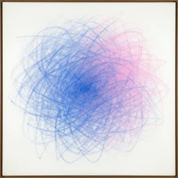 de kooning thin scribble on white canvas, blue and pink shift, sketch, drawn by yves tanguy, 1 9 8 1, oil on canvas, thick impasto