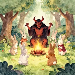 old kids book illustration of bunnies doing a demonic ritual in a small cute forest. watercolor painting.