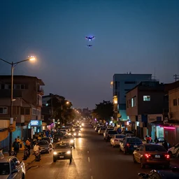 a neon lit - lagos urban street - in nigeria - with flying drones,