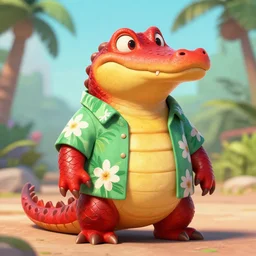 in the style of artgerm, loish, anthropomorphic alligator, red scales on his back, yellow scale on his belly and chest, male, waring a hawaiian shirt, in the style of zootopia