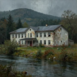 old dilapidated nursing home near the river, forest, hills. rain, horror atmosphere, hyperrealism, oil painting, 4 k