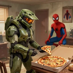 Master Chief from Halo getting a pizza from Spiderman at an old apartment, digital art