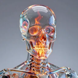 art portrait of skeleton made of glass with flames burning inside,8k,refraction,accurate light and reflections,by tristan eaton,Stanley Artgermm,Tom Bagshaw,Greg Rutkowski,Carne Griffiths,trending on DeviantArt,face enhance,hyper detailed,minimalist,cybernetic, android, blade runner,full of colour,